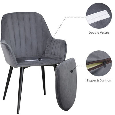 Grey Velvet Nordic Dining Chairs With Armrest Metal Leg Comfortable Foam