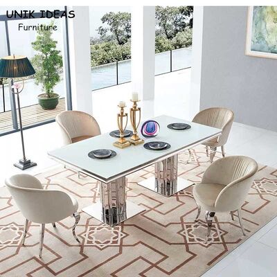 ราคาดี Luxury Glass Dining Room Table Set 6 Chairs With Metal Leg Chrome ออนไลน์