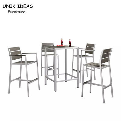 ราคาดี 7 Piece Bistro Bar Table And Stools Aluminum Frame Wood Surface UV Resistant ออนไลน์
