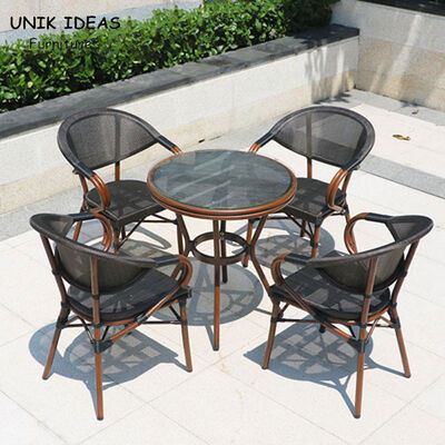 ราคาดี Woven Black Stackable Outdoor Dining Chairs Mesh Frame Aluminum Restaurant 83cm ออนไลน์