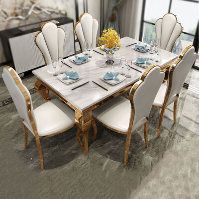 ราคาดี White Marble Dining Table And Chairs Set Stainless Steel Rectangle ออนไลน์