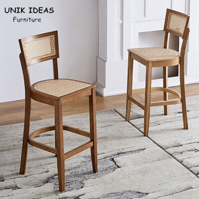 ราคาดี Solid Wooden Cafe Bar Stools Rattan Backrest Minimalist Counter Stools Art Style ออนไลน์
