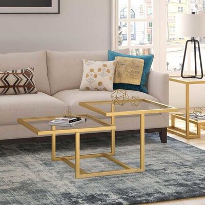 ราคาดี Geometric Tempered Glass Coffee Tables Gold Stainless Steel Frame For Home Hotel ออนไลน์